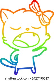 rainbow gradient line drawing of a cartoon yawning cat