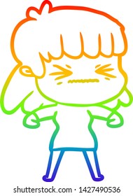 rainbow gradient line drawing of a cartoon angry girl