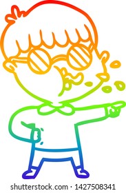 rainbow gradient line drawing of a cartoon boy wearing spectacles and pointing