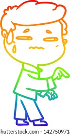 rainbow gradient line drawing of a cartoon anxious man pointing