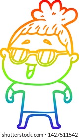 Regenbogen-Farbverlauf-Linie Zeichnung einer Cartoon-glücklichen Frau mit Brille
