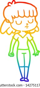 rainbow gradient line drawing of a cartoon indifferent woman