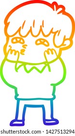 dibujo de una línea de gradiente de arcoiris de un hombre curioso de dibujos animados