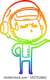 rainbow gradient line drawing of a cartoon stressed astronaut