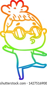 rainbow gradient line drawing of a cartoon woman wearing glasses