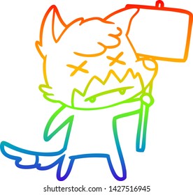 rainbow gradient line drawing of a cartoon dead fox with protest sign