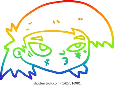 rainbow gradient line drawing of a cartoon scratched up face
