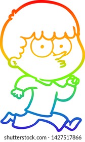 rainbow gradient line drawing of a cartoon curious boy running