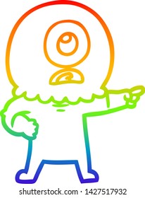 rainbow gradient line drawing of a cartoon cyclops alien spaceman pointing