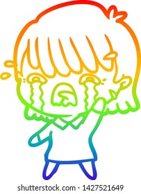 Regenbogen-Farbverlauf-Linie Zeichnung einer Cartoon Mädchen weinend
