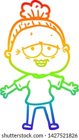 rainbow gradient line drawing of a cartoon happy old lady