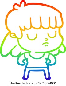 rainbow gradient line drawing of a cartoon indifferent woman