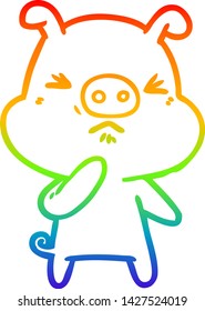 desenho de linha de gradiente do arco-íris de um desenho animado porco bravo