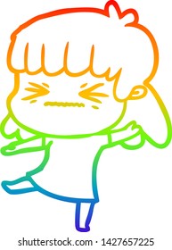 rainbow gradient line drawing of a cartoon angry girl