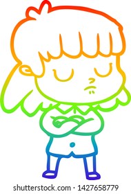 rainbow gradient line drawing of a cartoon indifferent woman folding arms