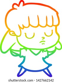 rainbow gradient line drawing of a cartoon indifferent woman