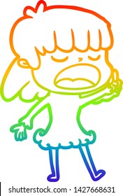 rainbow gradient line drawing of a cartoon woman talking loudly