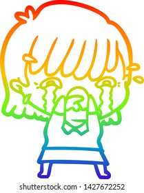 rainbow gradient line drawing of a cartoon girl crying