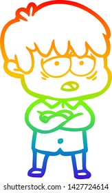 rainbow gradient line drawing of a cartoon exhausted boy