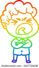dibujo de una línea de gradiente de arco iris de un hombre furioso de caricatura