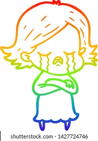 Regenbogen-Farbverlauf-Linie Zeichnung einer Cartoon Mädchen weinend