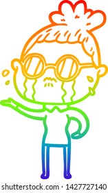 Regenbogen-Farbverlauf-Linie Zeichnung einer Cartoon weinenden Frau mit Brille