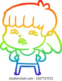 rainbow gradient line drawing of a cartoon worried woman