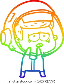 rainbow gradient line drawing of a cartoon tired astronaut