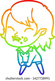 rainbow gradient line drawing of a cartoon vampire girl with blood on cheek