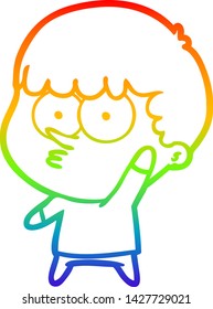 rainbow gradient line drawing of a cartoon curious boy waving