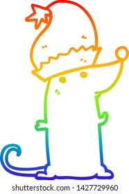 rainbow gradient line drawing of a cartoon rat wearing christmas hat