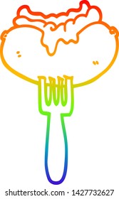 rainbow gradient line drawing of a cartoon hotdog with mustard and ketchup on fork
