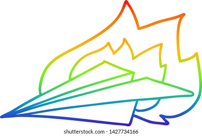 rainbow gradient line drawing of a cartoon burning paper airplane