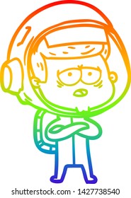 rainbow gradient line drawing of a cartoon tired astronaut