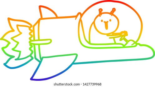 rainbow gradient line drawing of a cartoon alien in spaceship