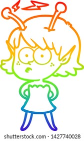 rainbow gradient line drawing of a cartoon alien girl