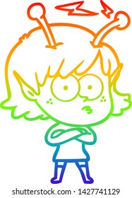 rainbow gradient line drawing of a cartoon alien girl