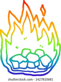 rainbow gradient line drawing of a cartoon burning coals