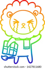 rainbow gradient line drawing of a cartoon crying lion