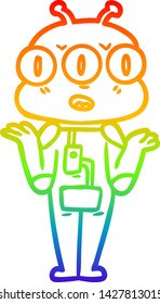 dibujo de una línea de gradiente de arcoiris de un alienígena de tres ojos de caricatura