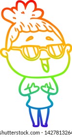 rainbow gradient line drawing of a cartoon happy woman wearing spectacles
