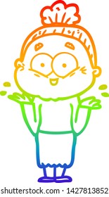 rainbow gradient line drawing of a cartoon happy old woman