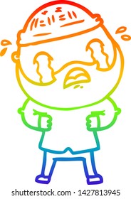 rainbow gradient line drawing of a cartoon bearded man crying
