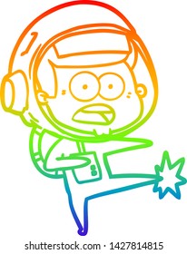rainbow gradient line drawing of a cartoon surprised astronaut kicking
