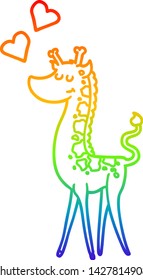 rainbow gradient line drawing of a cartoon giraffe with love heart
