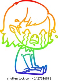 rainbow gradient line drawing of a cartoon crying vampire girl