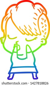 rainbow gradient line drawing of a cartoon pretty hipster girl