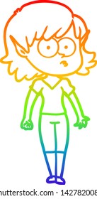 rainbow gradient line drawing of a cartoon elf girl staring