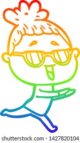 Regenbogen-Farbverlauf-Linie Zeichnung einer Cartoon-glücklichen Frau mit Brille