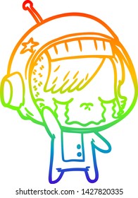 rainbow gradient line drawing of a cartoon crying astronaut girl waving goodbye